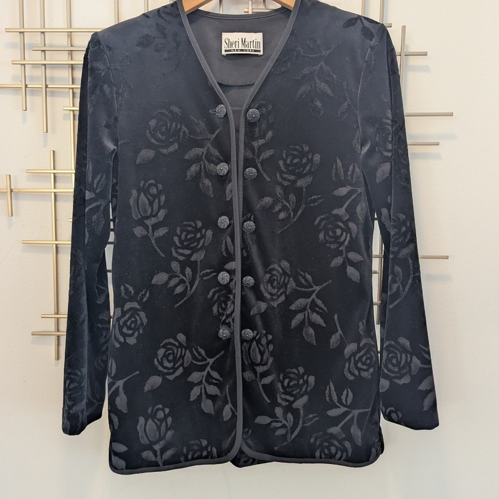 VTG 80's‎ 90's Sheri Martin Black Velvet Rose Burnout Jacket Blazer Long Sleeve